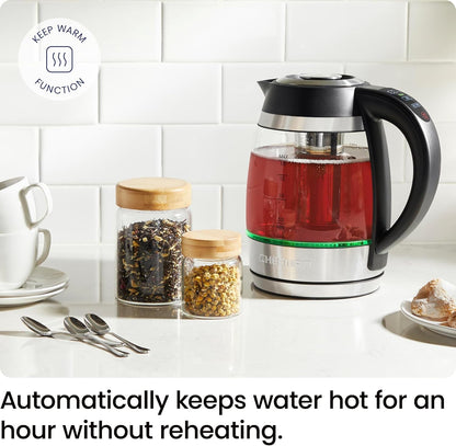 Chefman  Kettle for Boiling Water, 1.8L 1500W, Hot Water in 3 Minutes, LED Lights, Auto Shut-Off, Boiling and Drying Protection, Glass Electric Kettle (Temperature Control)