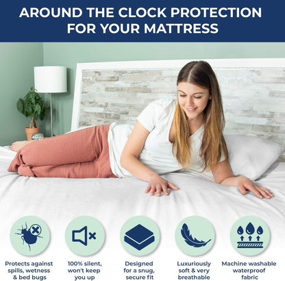 100% Waterproof Mattress Protector Cotton Terry Top - Extra Deep 30Cm Fitted Skirt - Waterproof Single Mattress Protector - Super Absorbent - Machine Washable - Single (90X190) Cm