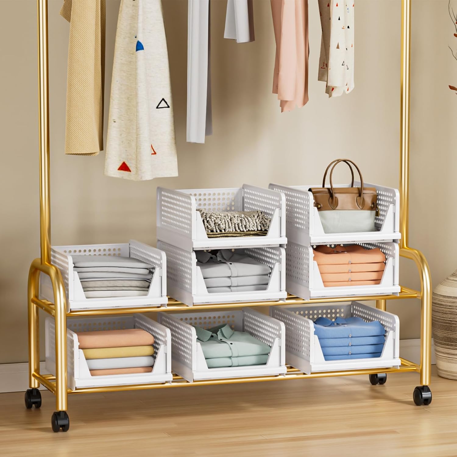 - Foldable Closet Organizer, 4 Pack Stackable Storage Boxes, Plastic Storage Baskets, Drawers for Bedroom, Kitchen and Bathroom Organization, White