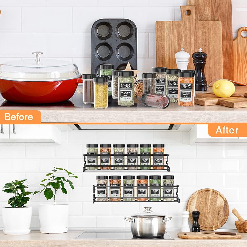 Spice Racks Organiser - 4 Tier Hanging Stainless Steel Wall Mounted with Adhesive Stickers & Screws Kitchen Pantry Shelf for Spices and Condiments, Jars (Black)
