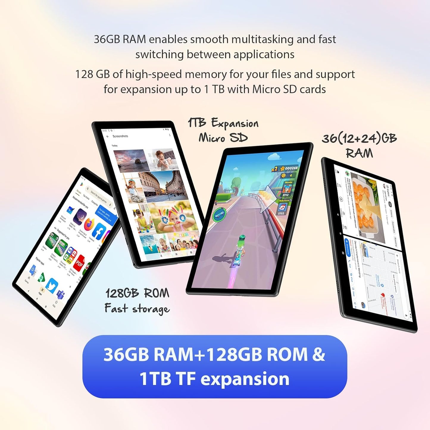 LINROM Tablet 10 Inch Android 15, 36GB RAM, 128GB ROM (TF 1TB), 1080P Widevine L1, 5G Wifi Octa-Core, 8000Mah, 5MP+8MP, Tablet with Keyboard|Mouse|Case|Earphone-Grey