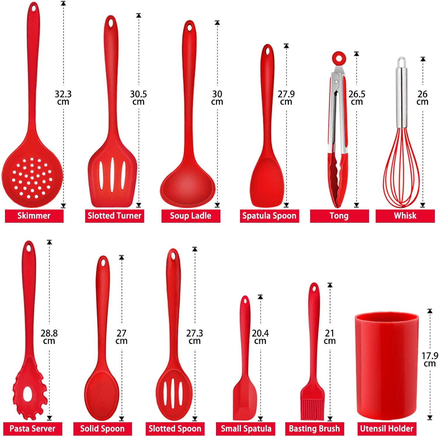 Kitchen Utensil Set,  12 Piece Cooking Utensils, Silicone Kitchen Utensils Set with Holder, Heat Resistant Kitchen Tools Include Spoons Turner Spatula Ladle Tong for Non-Stick Cookware, Red