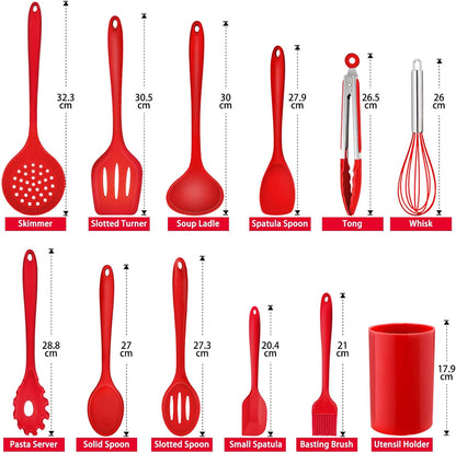 Kitchen Utensil Set,  12 Piece Cooking Utensils, Silicone Kitchen Utensils Set with Holder, Heat Resistant Kitchen Tools Include Spoons Turner Spatula Ladle Tong for Non-Stick Cookware, Red