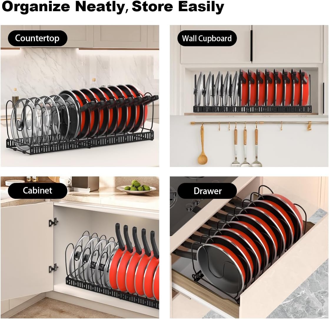 Pan Organiser for Cupboard, Expandable Pan Lid Holder with 14 Adjustable Dividers, Pot Lid Organiser Pan Storage Organizer Rack for Kitchen Cupboard, Black