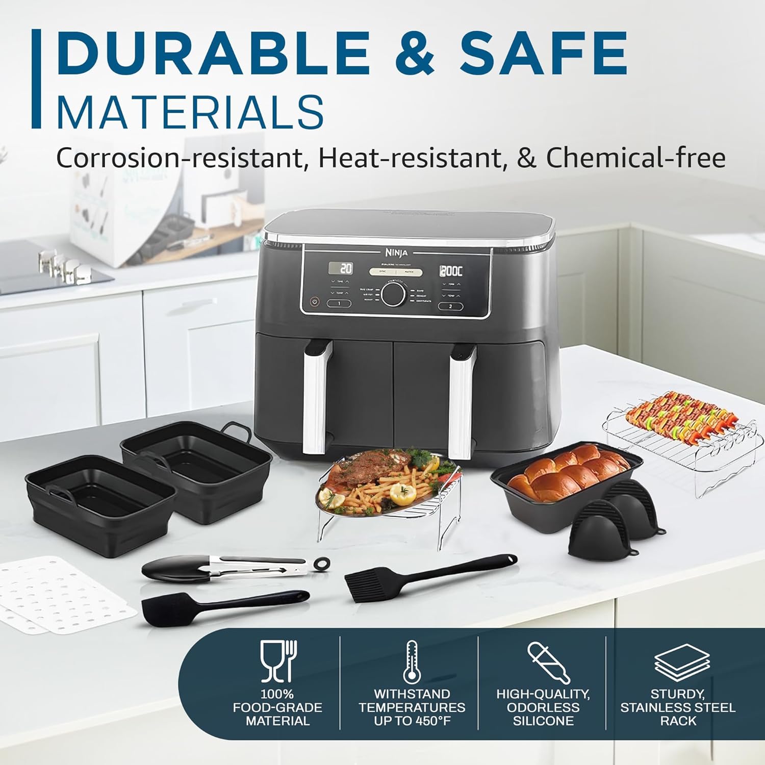 - 11-Piece Set of Air Fryer Accessories Compatible with Ninja, Tower & Other Brands, Includes Air Fryer Rack, Non-Stick Pan, Silicone Pots, Airfryer Liners, Gloves & More