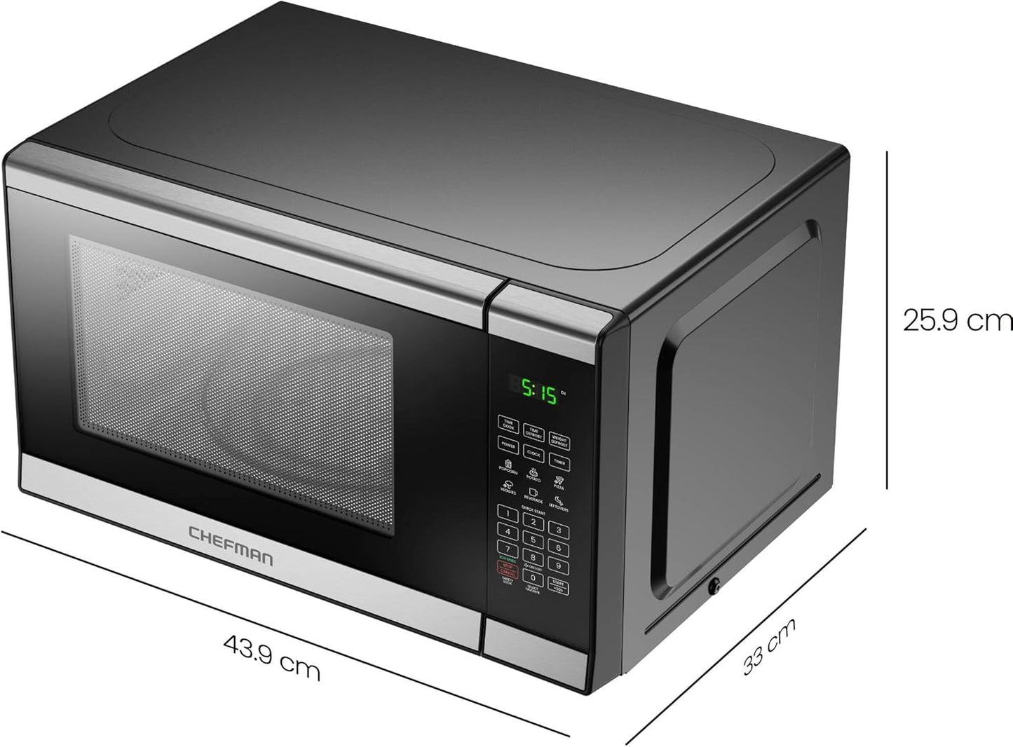 Chefman 800W Microwave Oven, 6 Presets, 10 Power Levels, Eco Mode, Memory, Mute Function, Child Safety Lock, Easy Clean, Stainless Steel