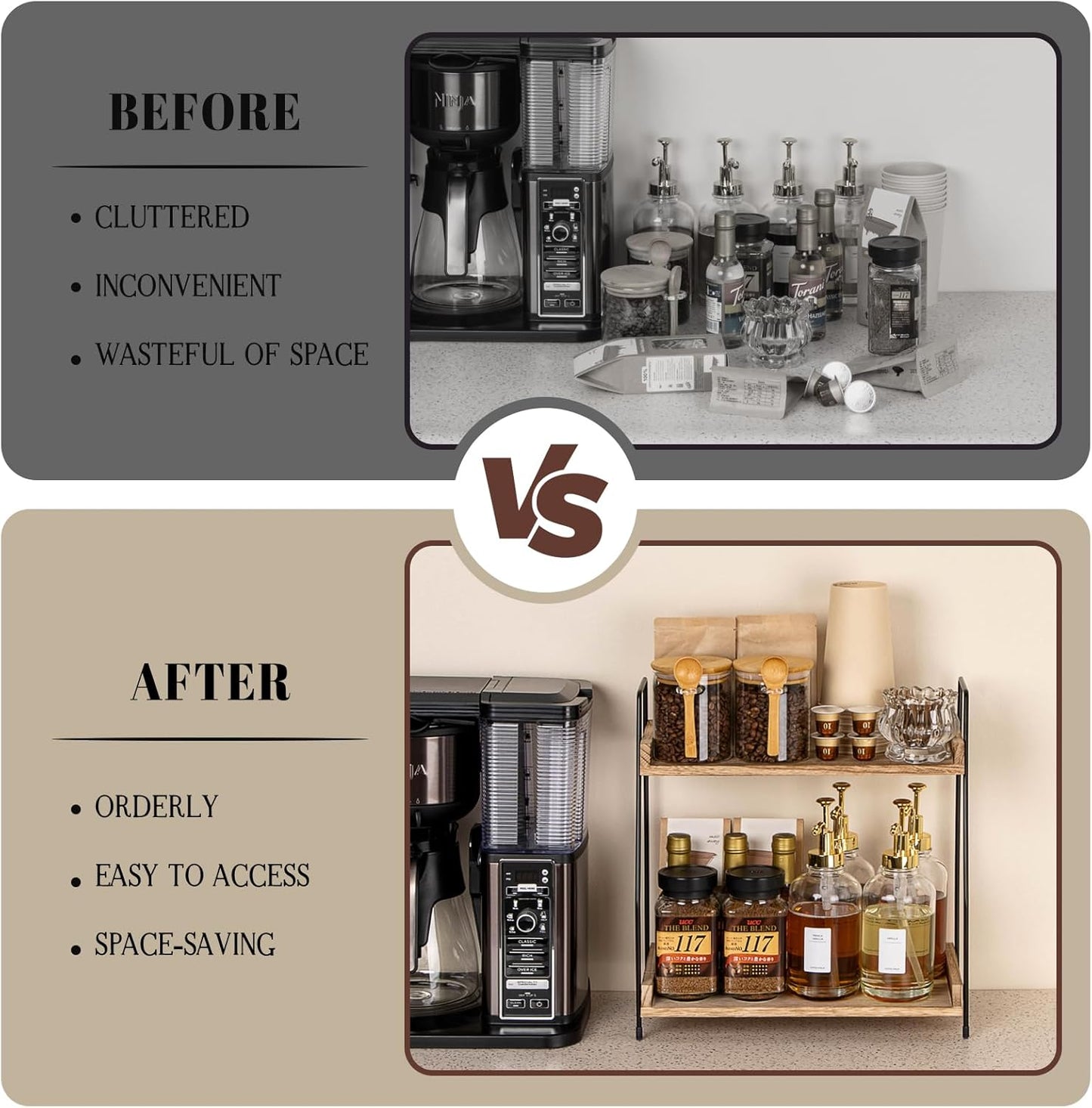 Coffee Station Organizer for Countertop, 2 Tier Coffee Bar Accessories and Organizer, Wooden Kitchen Storage & Organisation, Countertop Organiser for Kitchen, Home, Office - Brown