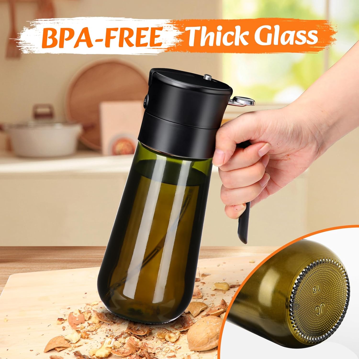 Oil Spray Bottle, 2-In-1 Oil Dispenser&Sprayer Light-Blocking Glass Oil Bottle[Fine Spray & Clog-Resistant Filter] Oil Sprayer for Kitchen Cooking, Air Fryer, Olive Oil/Vinegar/Sauce 580Ml