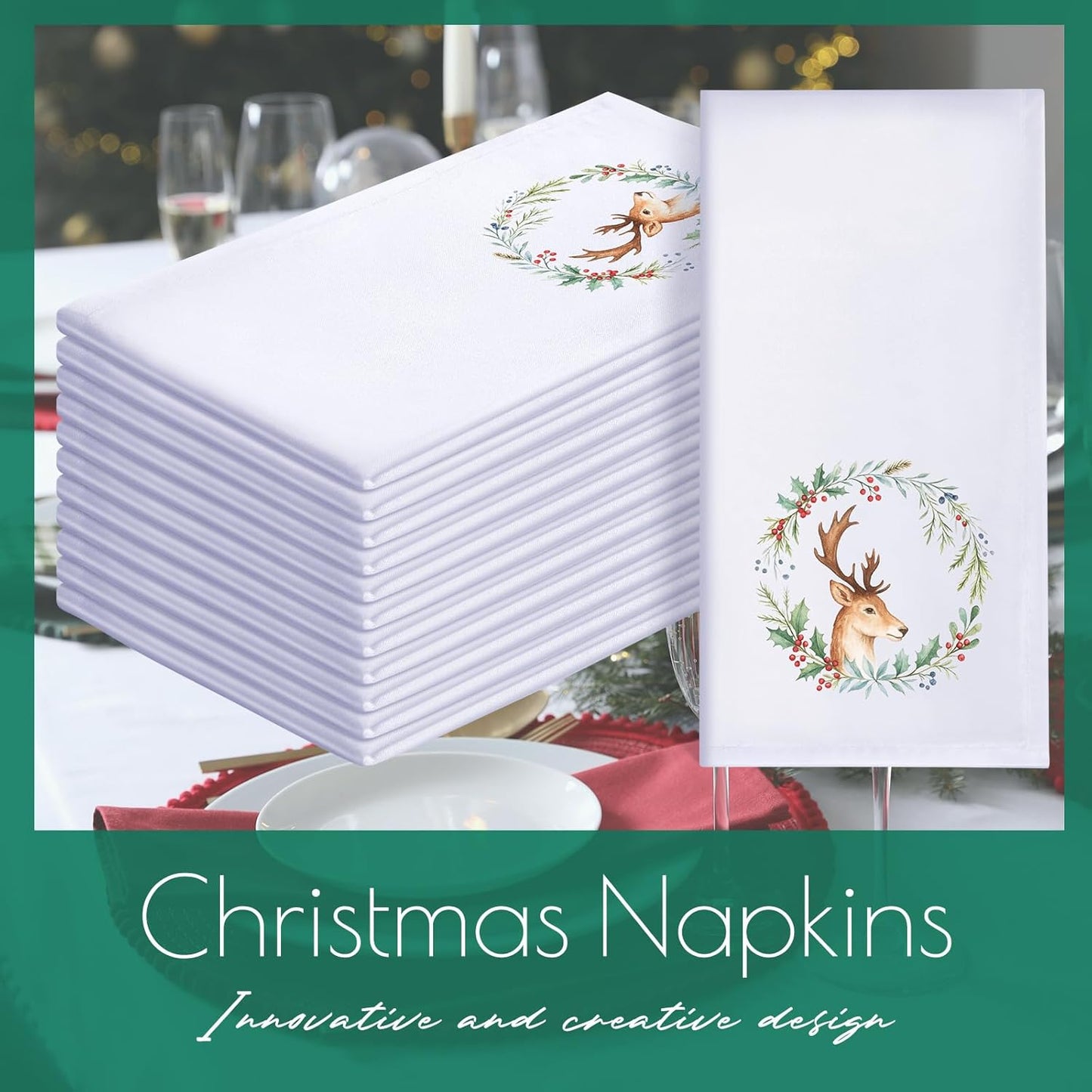 12 Pcs 43 X 43 Cm Christmas Napkins Soft Comfortable Cloth Napkin Reusable Satin Table Napkin for Home, Restaurants, Parties(Garland Deer)