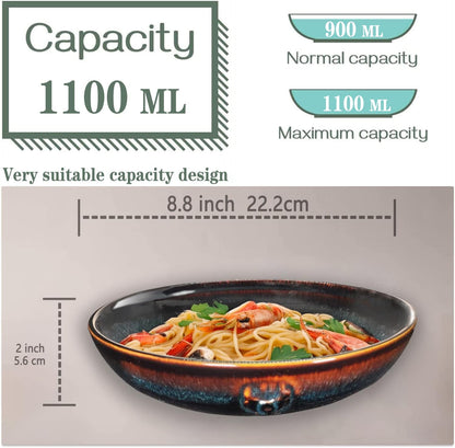 Ceramic Pasta Bowls Set of 2, Salad and Soup Plates 1100 ML, Serving Dinner Deep Plate/Wide Bowl, Microwave Dishwasher Safe, Kitchen Dinnerware Modern Porcelain Dishes, 22.2 CM