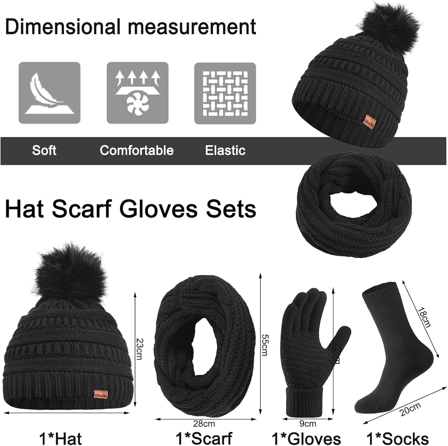 4 Packs Women Winter Hat Scarf Gloves Socks Set,Winter Beanie Cap Warm Thermal Bobble Hats Touchscreen Gloves Women'S Scarf Neck Warmer 4 in 1 Cold Weather Set