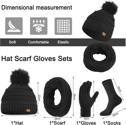 4 Packs Women Winter Hat Scarf Gloves Socks Set,Winter Beanie Cap Warm Thermal Bobble Hats Touchscreen Gloves Women'S Scarf Neck Warmer 4 in 1 Cold Weather Set