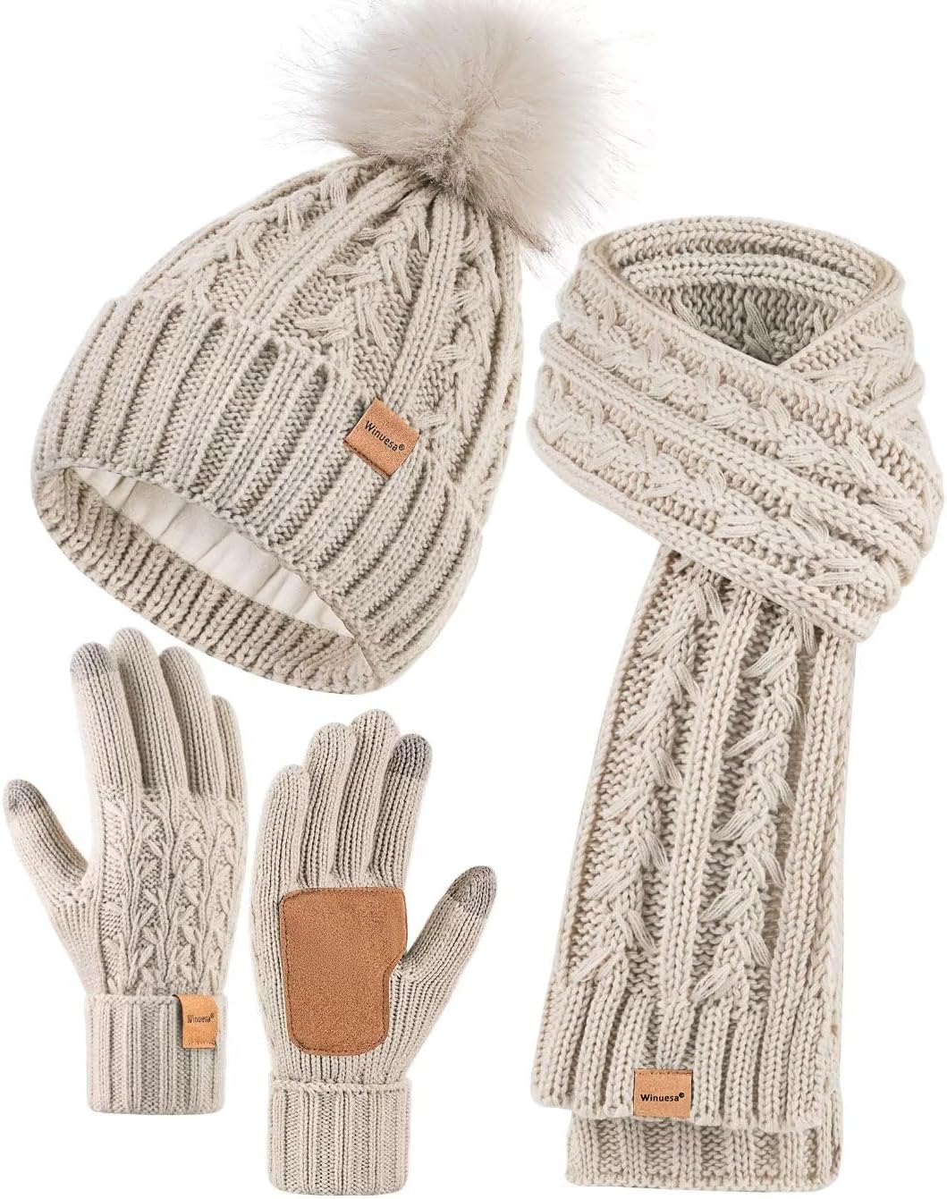 Hat Scarf and Gloves Set Ladies, Winter Beanie Hat for Women with Pom Pom Fleece Lined Warm, Bobble Hat Touchscreen Gloves Women Scarf Neck Warmer 3 in 1 Cold Weather Set