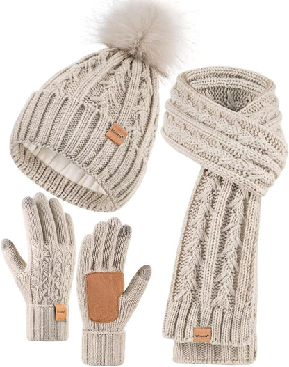 Hat Scarf and Gloves Set Ladies, Winter Beanie Hat for Women with Pom Pom Fleece Lined Warm, Bobble Hat Touchscreen Gloves Women Scarf Neck Warmer 3 in 1 Cold Weather Set