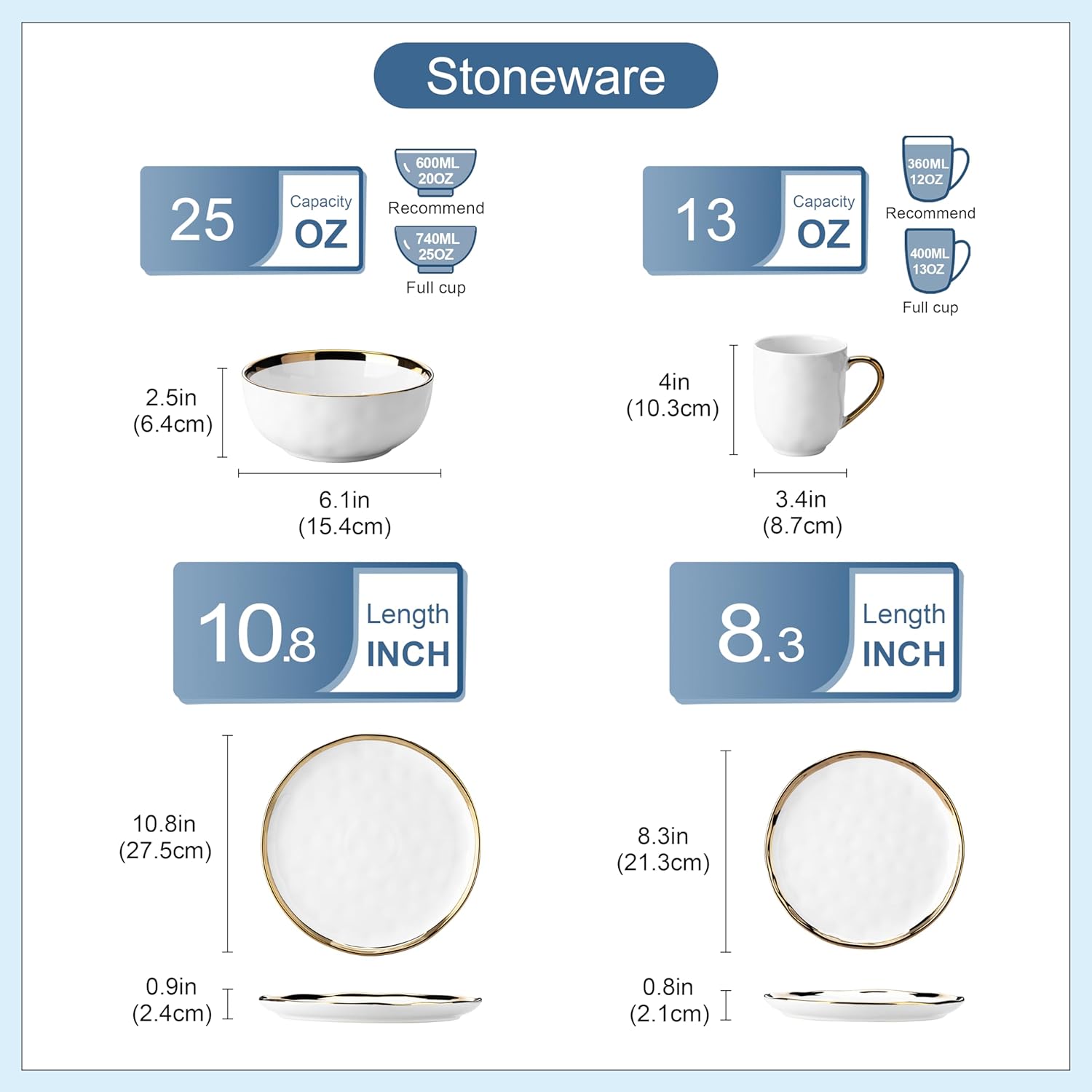 'Apollo', 16 Piece Dinner Set, Stoneware Dish Set for 4, Kitchen Plates and Bowls Sets, Handmade Dinnerware Set with Gold Trim, Dishwasher Safe, White and Gold