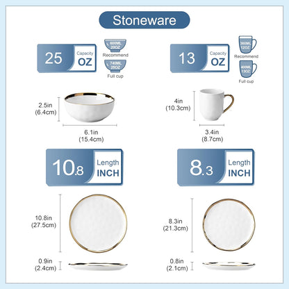 'Apollo', 16 Piece Dinner Set, Stoneware Dish Set for 4, Kitchen Plates and Bowls Sets, Handmade Dinnerware Set with Gold Trim, Dishwasher Safe, White and Gold