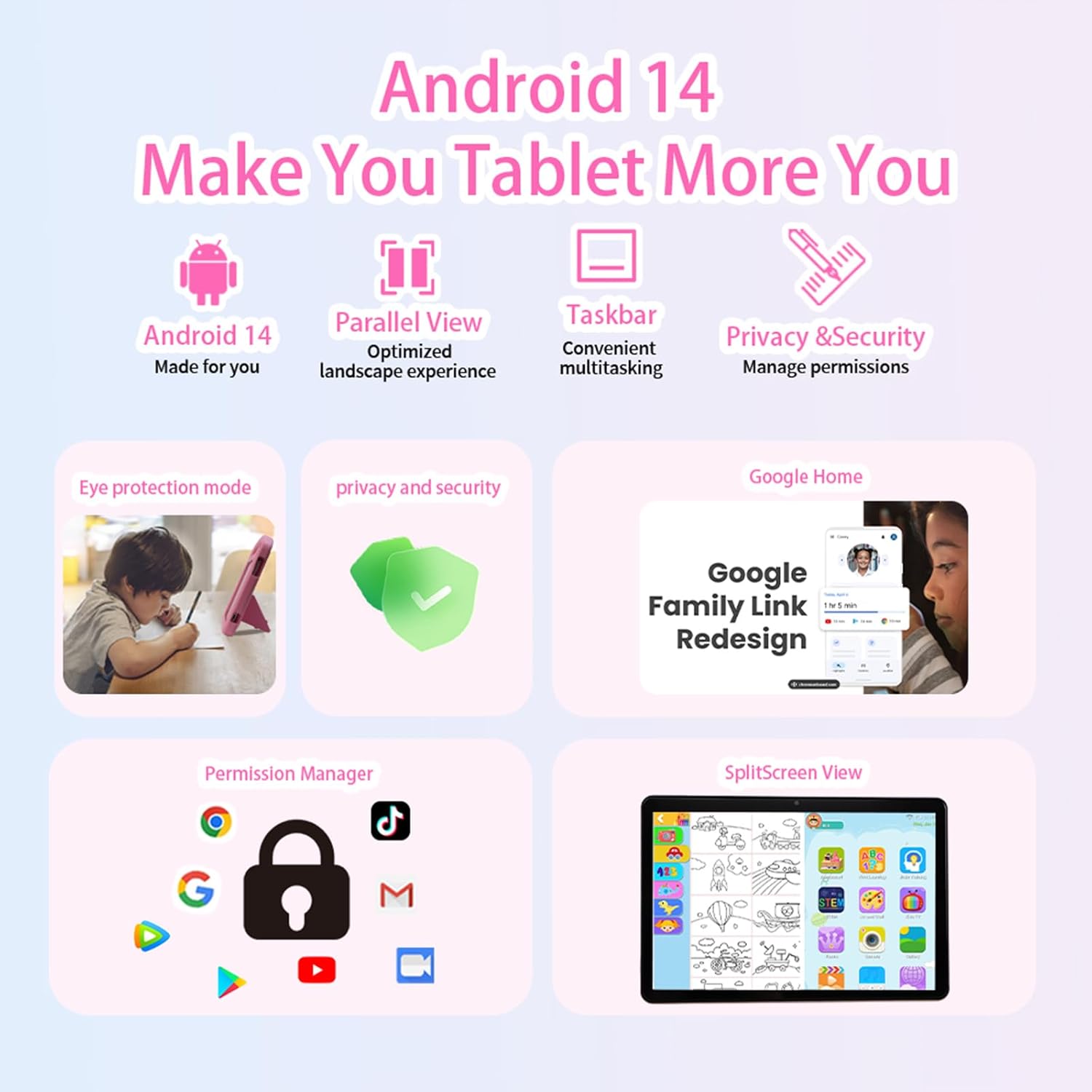 Android 14 10 Inch Kids Tablet,8Gb+128Gb up to 1Tb,Tablet for Kids with Family Link Parental Control,Touch Tablets for Children Wifi 6,Learning Tablets for Toddlers,Shockproof EVA Case (Pink)