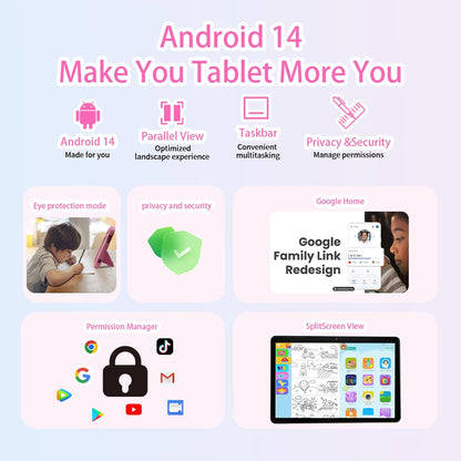 Android 14 10 Inch Kids Tablet,8Gb+128Gb up to 1Tb,Tablet for Kids with Family Link Parental Control,Touch Tablets for Children Wifi 6,Learning Tablets for Toddlers,Shockproof EVA Case (Pink)