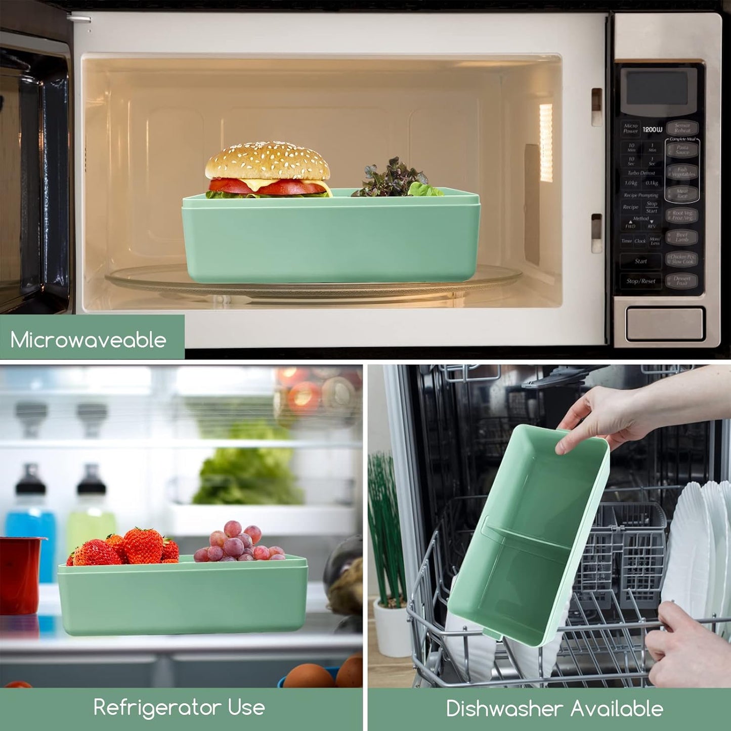 Jsdoin  Lunch Box Stackable,1400Ml Containers with 3 Removable Compartments and Cutlery, Leak Proof 2 Layer Boxes, for Adults Kids Office Microwave Dishwasher Safe Available (Green)