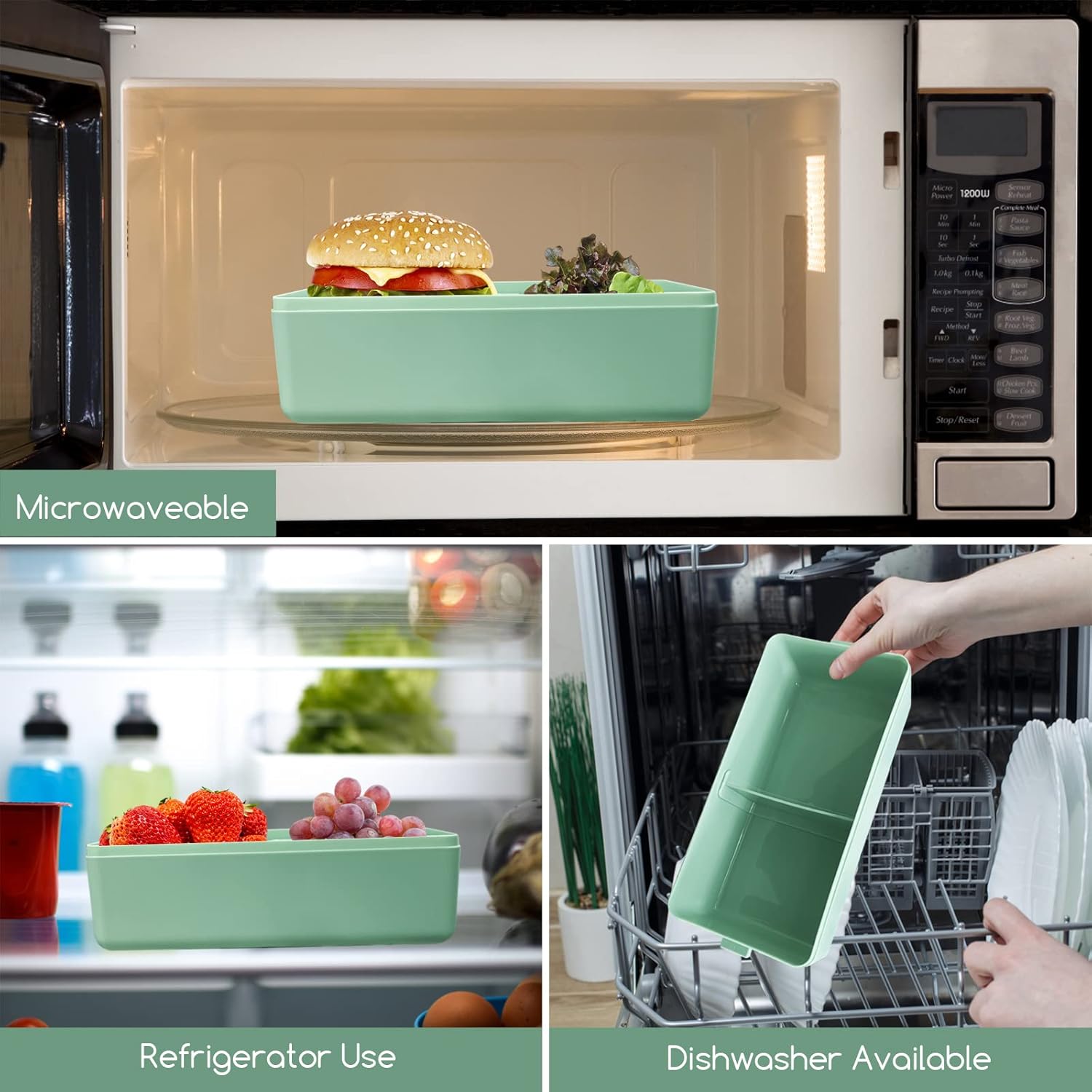 Jsdoin  Lunch Box Stackable,1400Ml Containers with 3 Removable Compartments and Cutlery, Leak Proof 2 Layer Boxes, for Adults Kids Office Microwave Dishwasher Safe Available (Green)