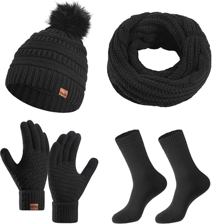 4 Packs Women Winter Hat Scarf Gloves Socks Set,Winter Beanie Cap Warm Thermal Bobble Hats Touchscreen Gloves Women'S Scarf Neck Warmer 4 in 1 Cold Weather Set