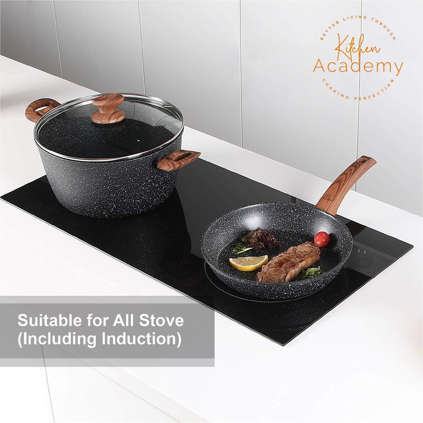 Induction Hob Pans Set - 12 Pieces Black Granite Kitchen Cookware Set，Pots and Pans Set Non Stick