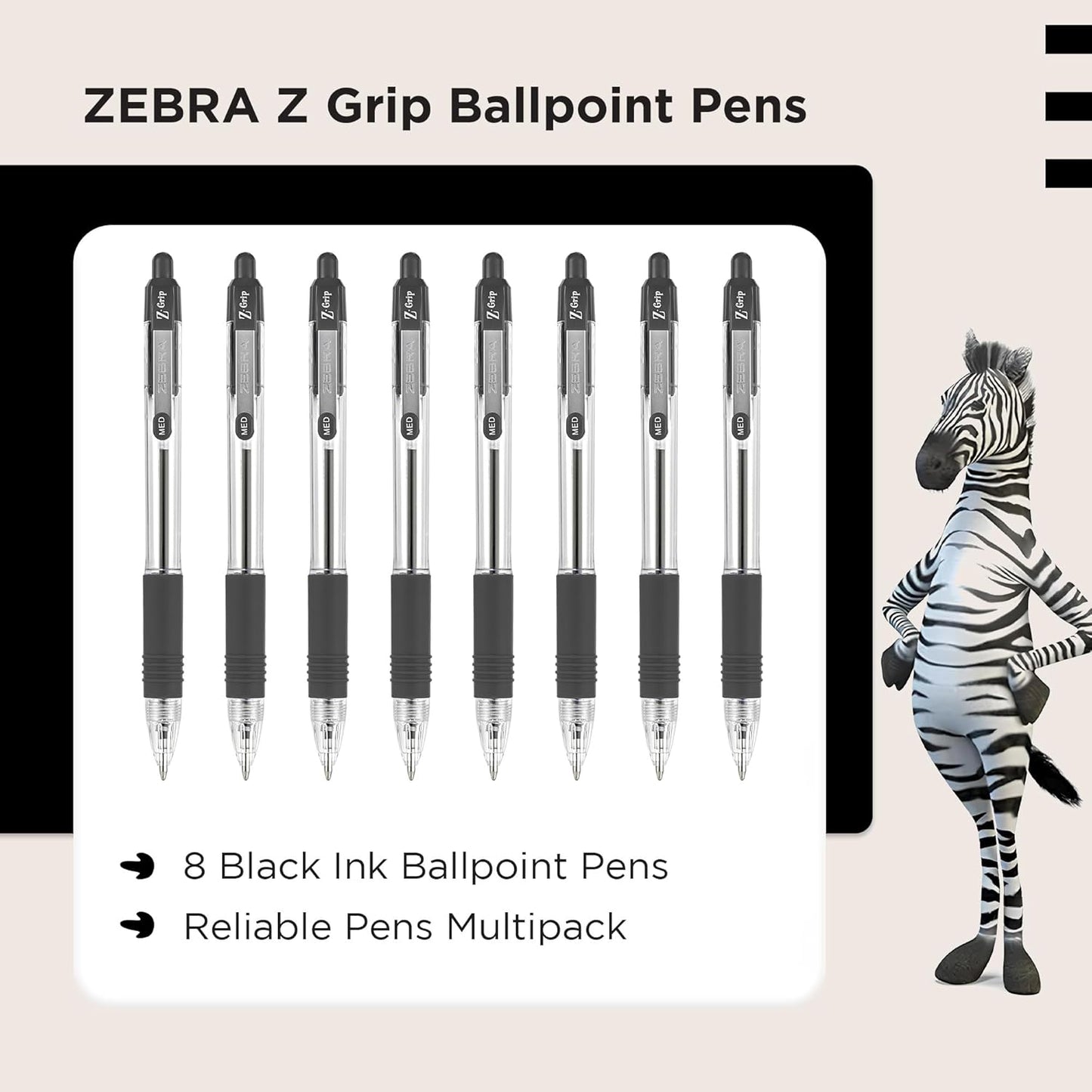 Zebra Pen Grip Black Ballpoint Pens with Pocket Clip 8Pk, Retractable Black Ink Ballpoint Pens, Reliable Black Biro Pens Multipack for Everyday Use Design, New Pack Size 8Pk