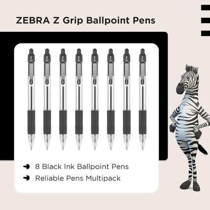 Zebra Pen Grip Black Ballpoint Pens with Pocket Clip 8Pk, Retractable Black Ink Ballpoint Pens, Reliable Black Biro Pens Multipack for Everyday Use Design, New Pack Size 8Pk