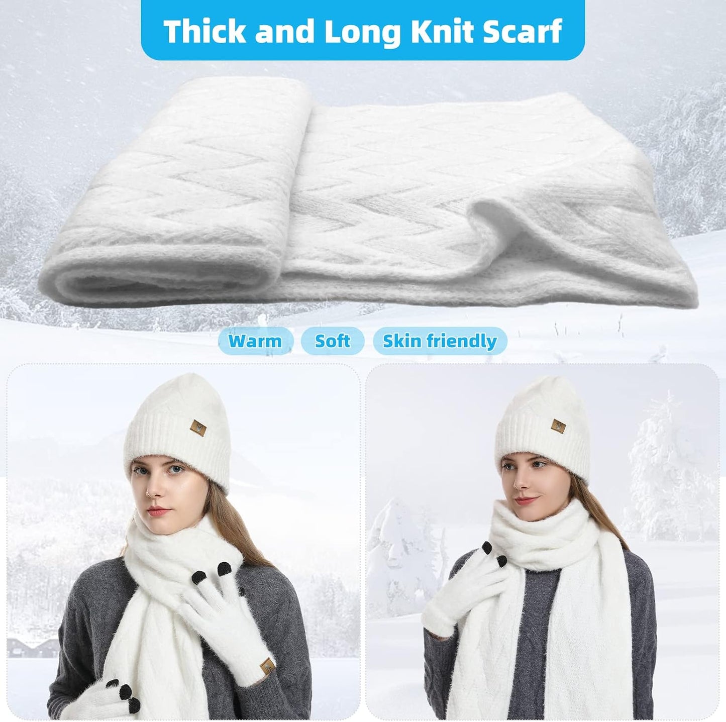 Womens Hat Scarf and Touch Screen Gloves Set Ladies Women Winter Scarf Warm Fleece Lined Beanie Skull Caps for Men Women