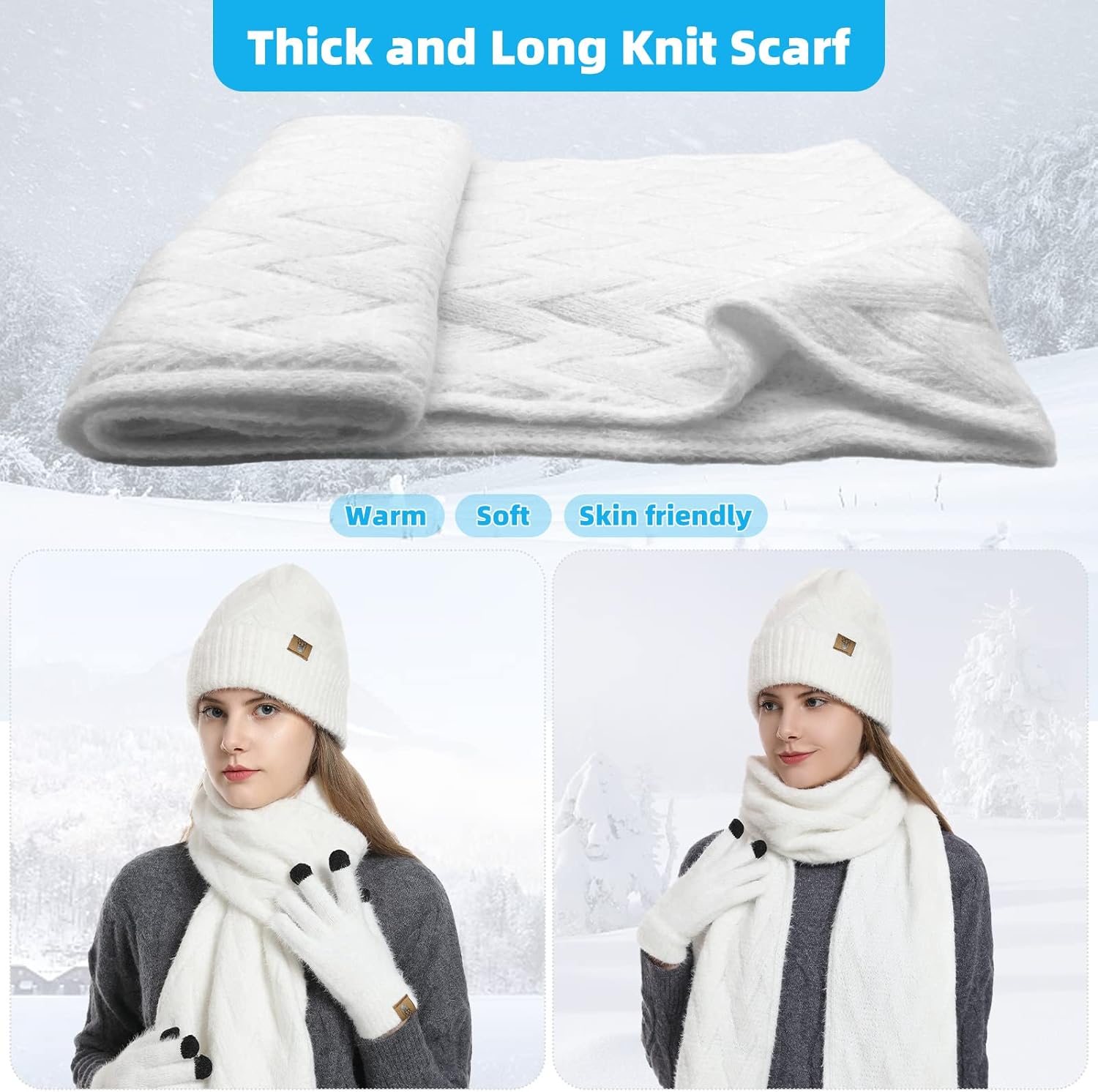 Womens Hat Scarf and Touch Screen Gloves Set Ladies Women Winter Scarf Warm Fleece Lined Beanie Skull Caps for Men Women