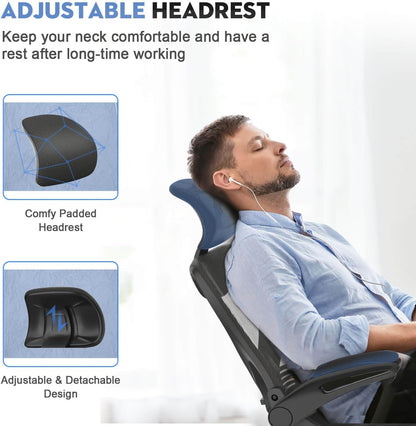 Office Chair - Ergonomic Desk Chair with Lumbar Support Headrest Adjustable, Padded Flip-Up Armrests Comfy Seat Cushion High Back Executive Manager Chair for Home Office