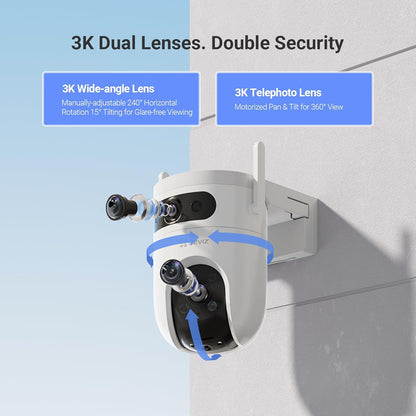 Dual Lens 6K (3K+3K) Wired Security Camera Outdoor Wifi, 360° Pan Tilt, Supports 512GB, Auto-Track, Patrol Mode, Human/Vehicle Detection, Color Night Vision, Wi-Fi CCTV, Alexa/Google (H9C)