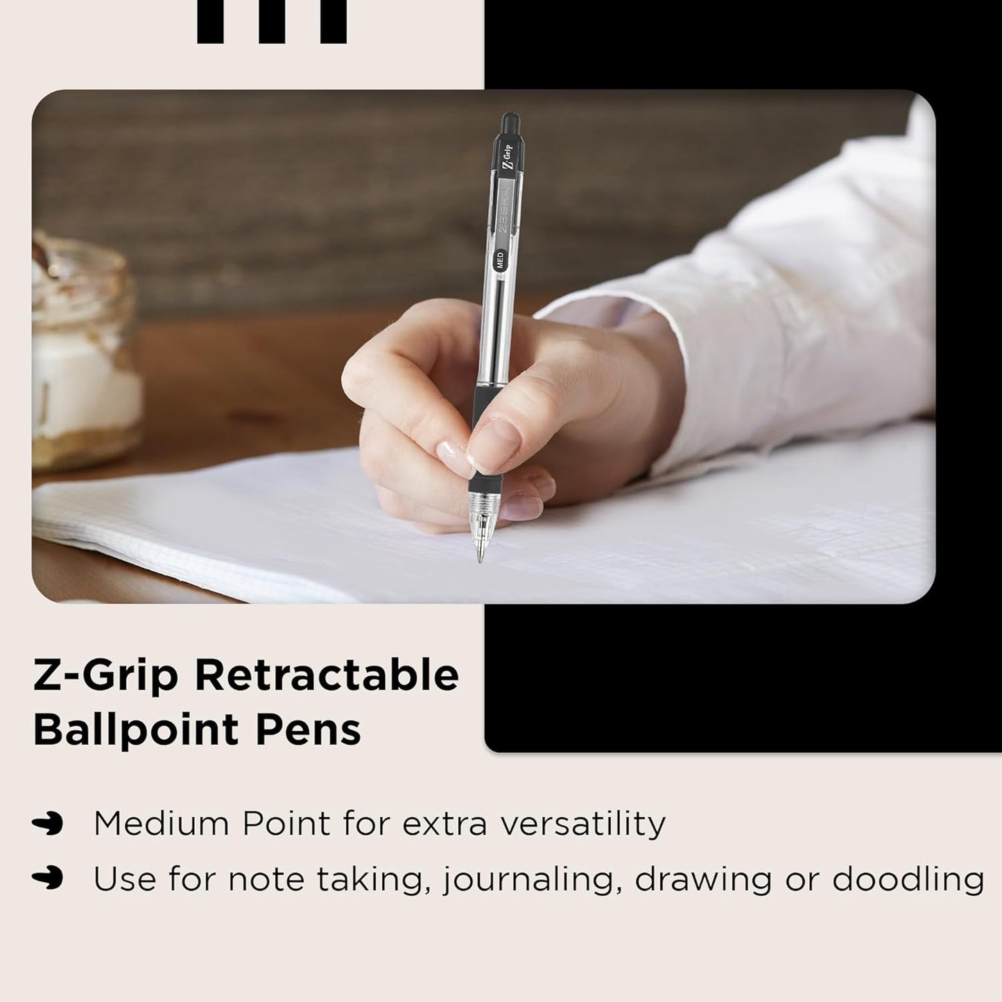 Zebra Pen Grip Black Ballpoint Pens with Pocket Clip 8Pk, Retractable Black Ink Ballpoint Pens, Reliable Black Biro Pens Multipack for Everyday Use Design, New Pack Size 8Pk