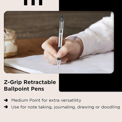 Zebra Pen Grip Black Ballpoint Pens with Pocket Clip 8Pk, Retractable Black Ink Ballpoint Pens, Reliable Black Biro Pens Multipack for Everyday Use Design, New Pack Size 8Pk