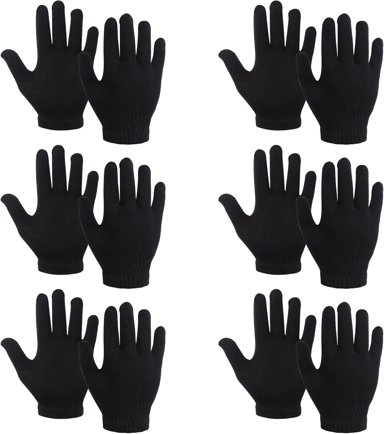 6 Pairs Winter Magic Gloves Kids, Warm Knit Stretch Black Full Finger Gloves for Girls Boys
