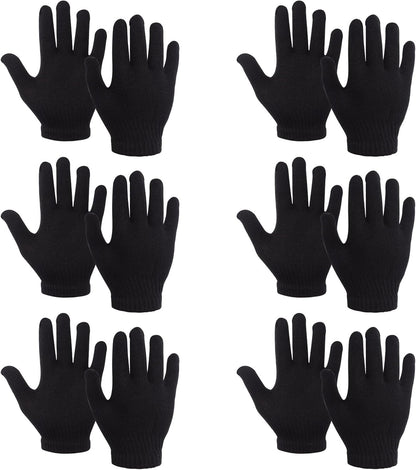 6 Pairs Winter Magic Gloves Kids, Warm Knit Stretch Black Full Finger Gloves for Girls Boys