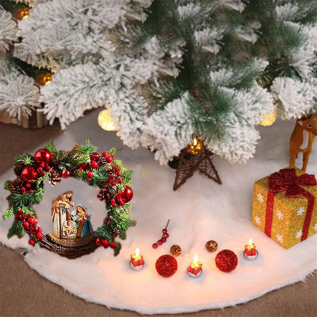 Christmas Wreath with Led Light Sacred Christmas Wreath Retro Red Christmas Wreath, Artificial Wreath Flocked with Mixed Decorations for Window, Porch, Wall Mantel (C)