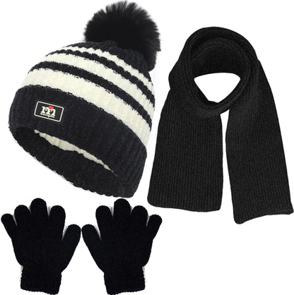 Kids Winter Warm Beanie Hat Scarf Gloves Set Children Knit Striped Pom Pom Beanie Hat 3Pcs Kids Hat Scarf and Snow Gloves Set for Boys Girls and Toddlers Aged 1-5