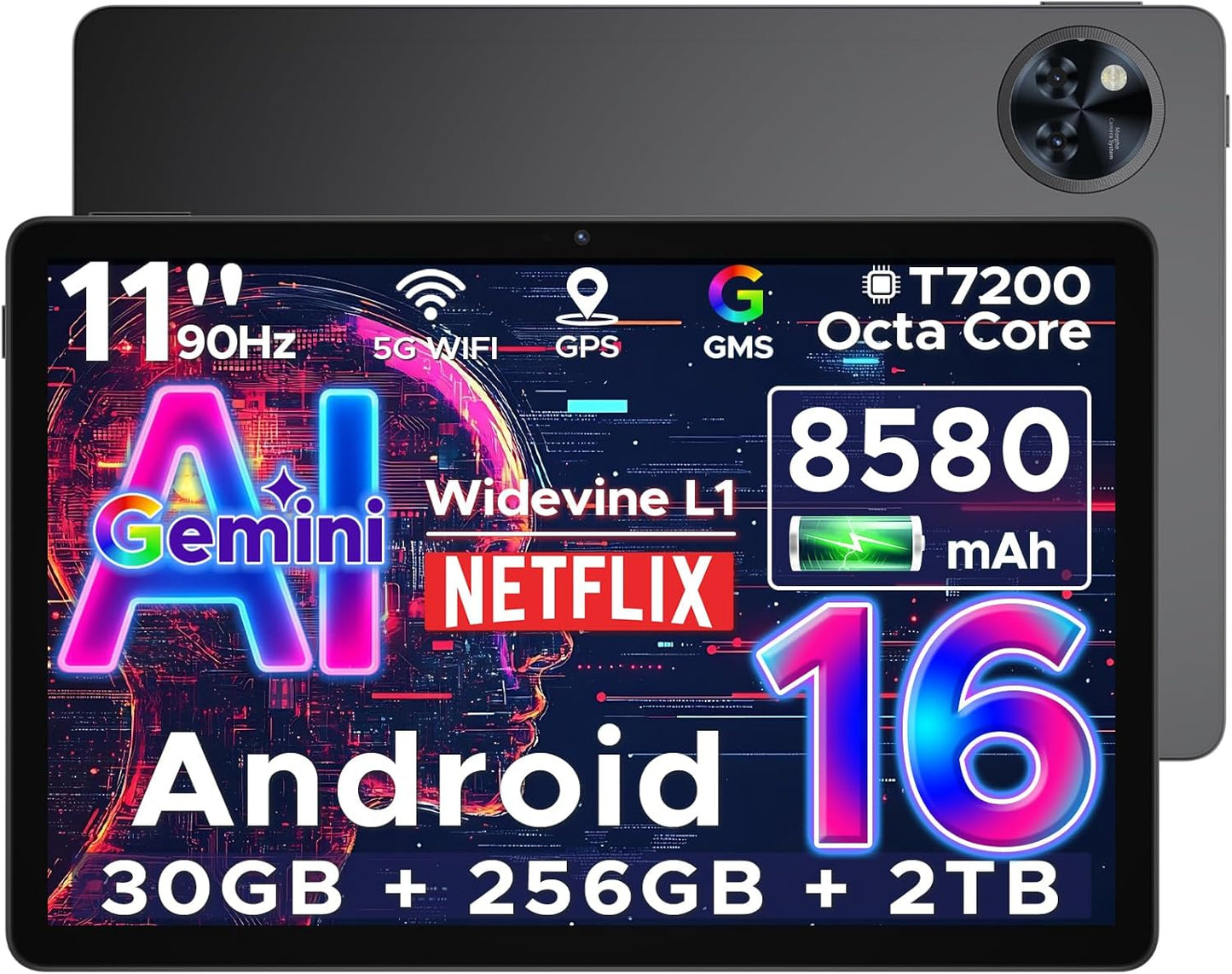 DOOGEE Pro 2025 Newest Android 16 Tablet 11 Inch, Gemini AI Android Tablets Octa-Core 32GB RAM 256GB ROM(TF 2TB), 8580Mah Battery, 3.5Mm Jack | Widevine L1 | 5G Wifi | 13MP+5MP | GPS | OTG, Black