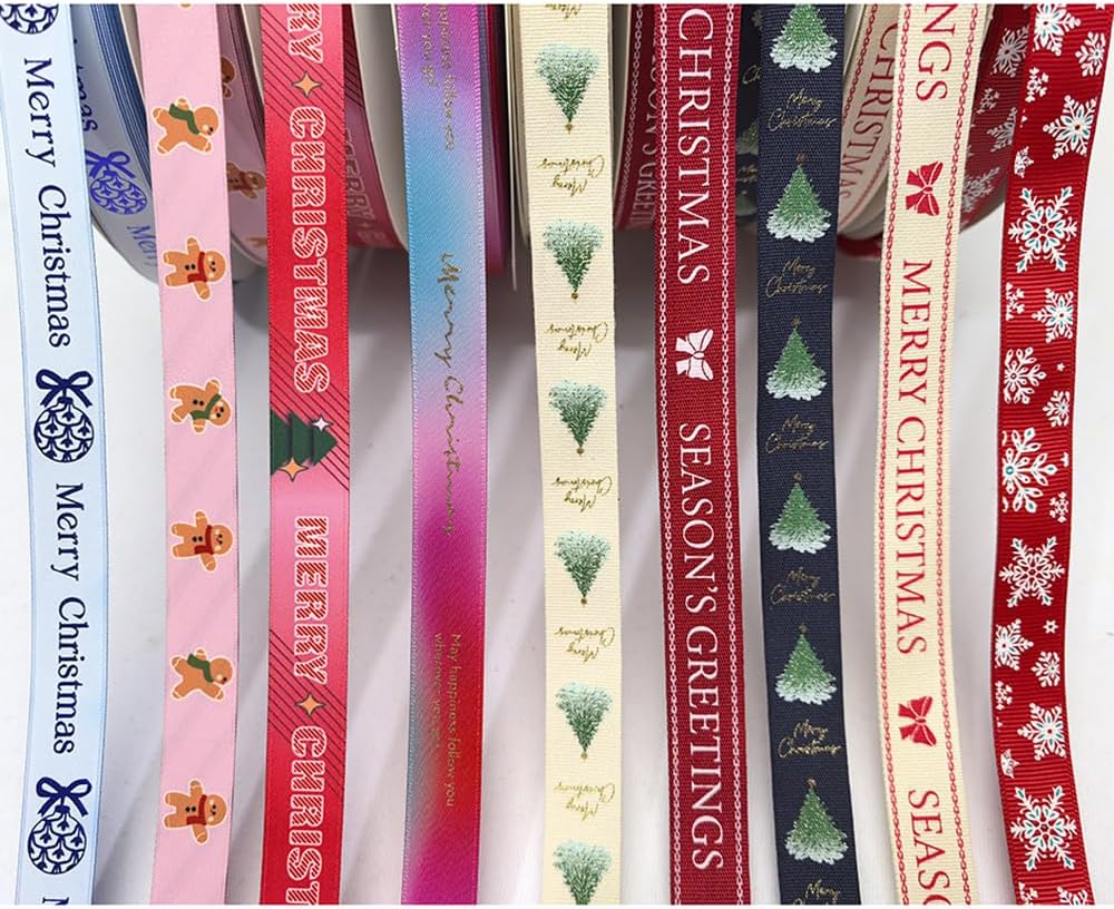 14 Yards Mix Sizes and Colors Merry Christmas Ribbons Grosgrain Satin Ribbon Snowman Santa Claus Jinglebell Santa Tree Snowflake Craft DIY Packing Hair Bow Accessory
