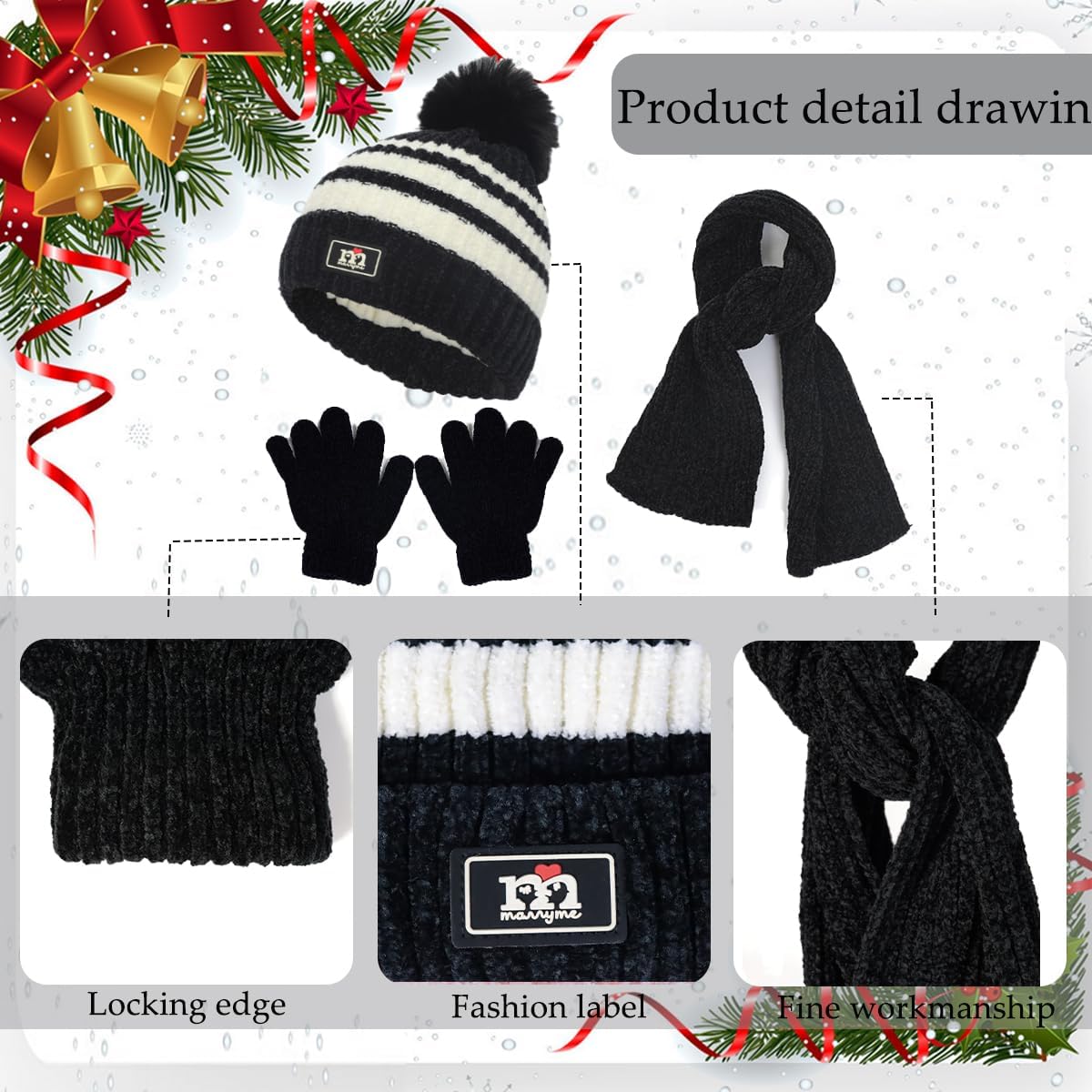 Kids Winter Warm Beanie Hat Scarf Gloves Set Children Knit Striped Pom Pom Beanie Hat 3Pcs Kids Hat Scarf and Snow Gloves Set for Boys Girls and Toddlers Aged 1-5