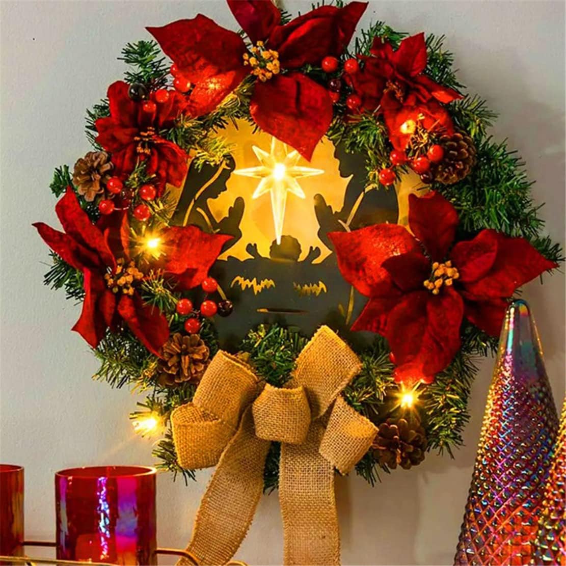 Christmas Wreath with Led Light Sacred Christmas Wreath Retro Red Christmas Wreath, Artificial Wreath Flocked with Mixed Decorations for Window, Porch, Wall Mantel (A)