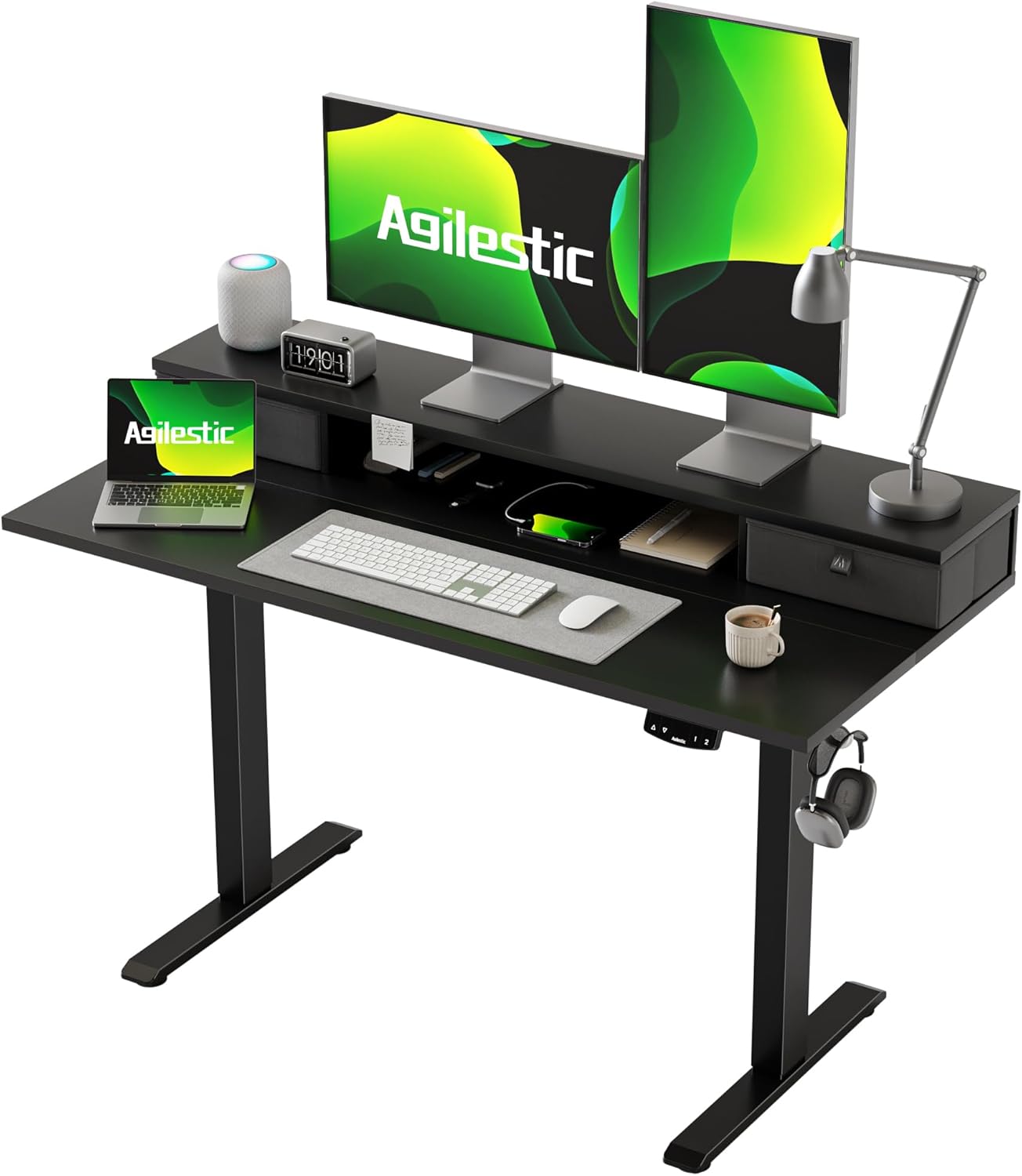 Height Adjustable Desk with Two Drawers, 120 X 60 Cm Electric Computer Desks with Memory Function, Sit Stand Desk, Black