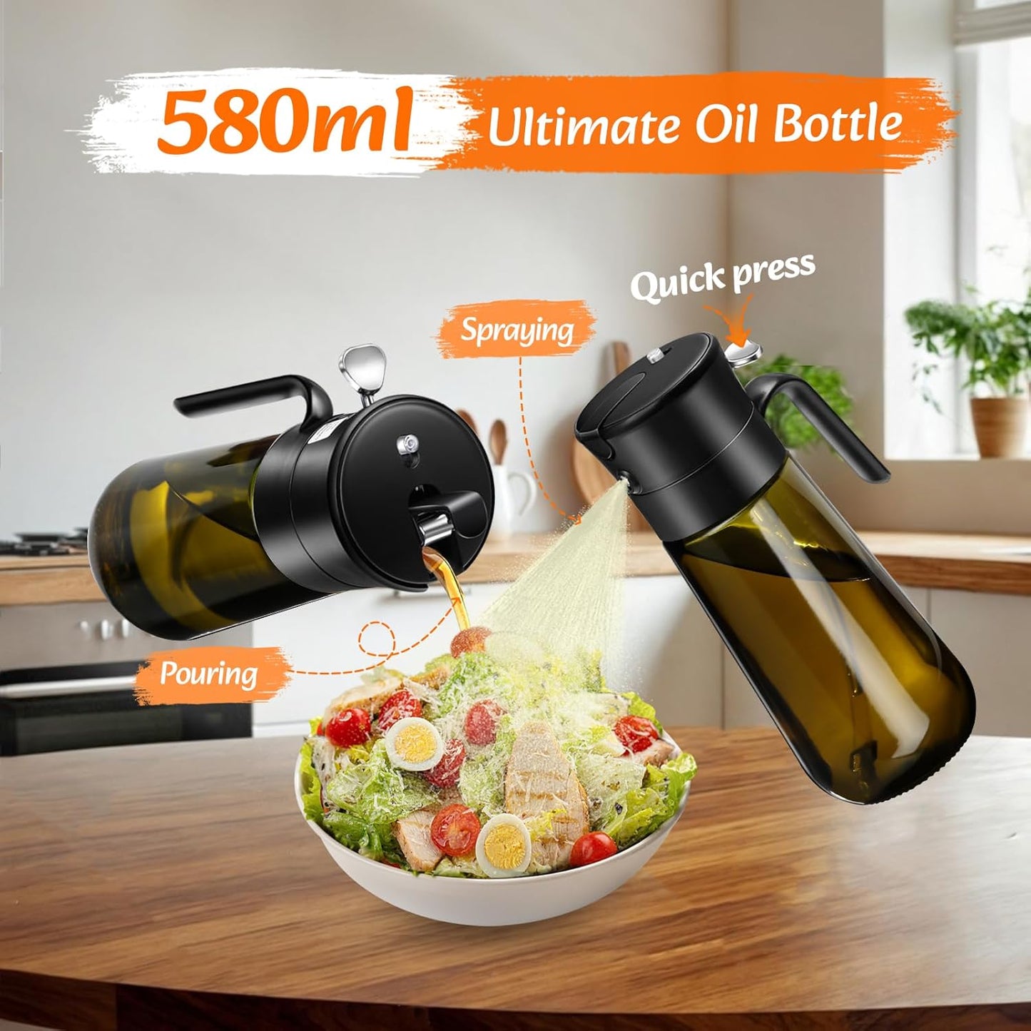 Oil Spray Bottle, 2-In-1 Oil Dispenser&Sprayer Light-Blocking Glass Oil Bottle[Fine Spray & Clog-Resistant Filter] Oil Sprayer for Kitchen Cooking, Air Fryer, Olive Oil/Vinegar/Sauce 580Ml