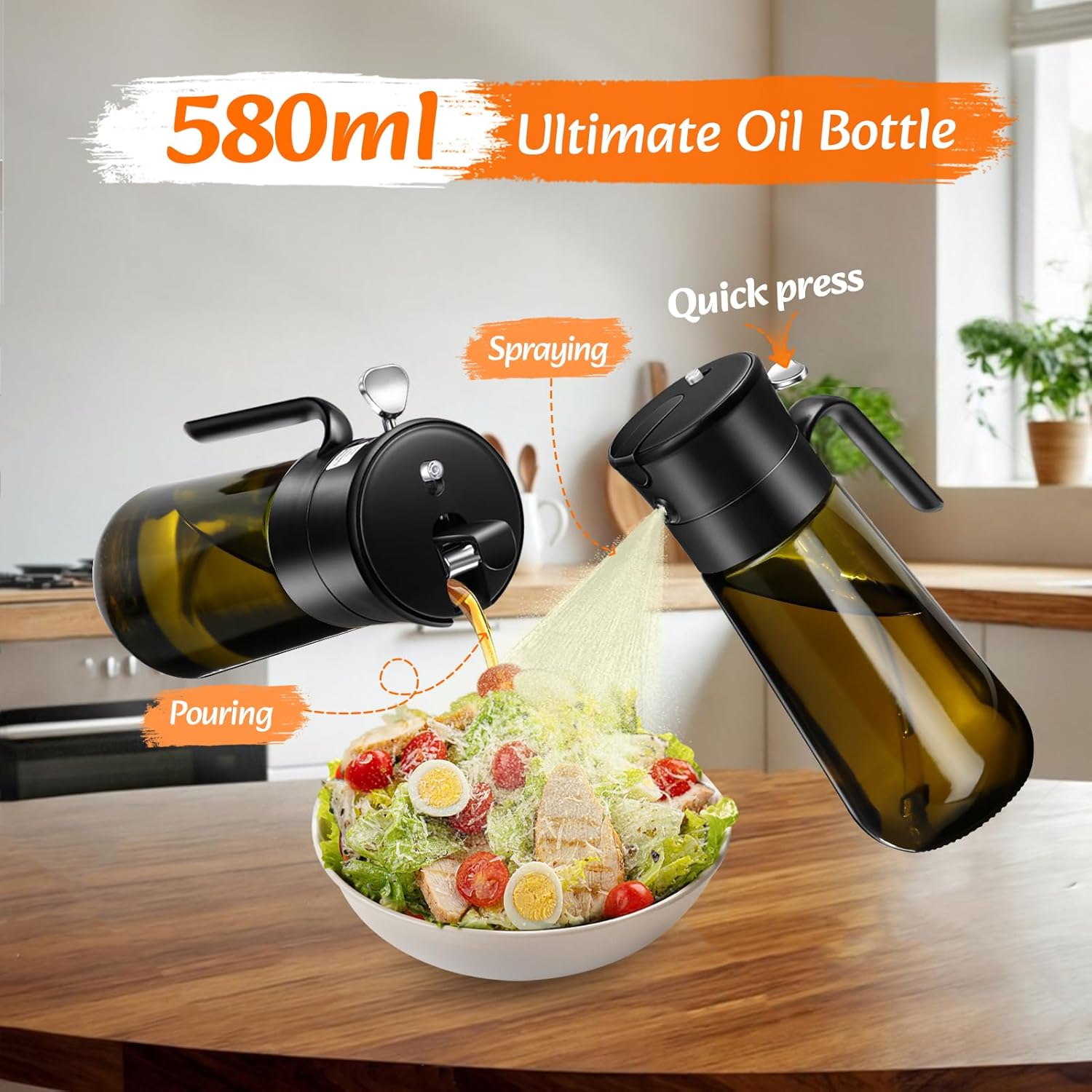 Oil Spray Bottle, 2-In-1 Oil Dispenser&Sprayer Light-Blocking Glass Oil Bottle[Fine Spray & Clog-Resistant Filter] Oil Sprayer for Kitchen Cooking, Air Fryer, Olive Oil/Vinegar/Sauce 580Ml