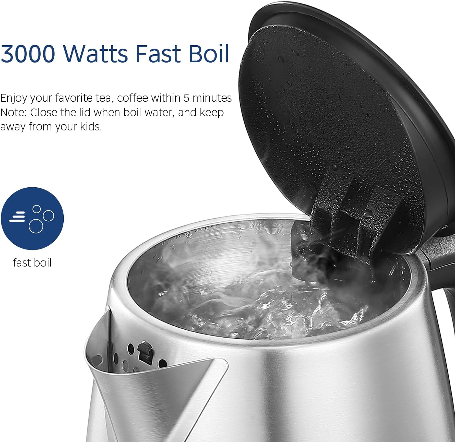 Midea Electric Kettle 3000W Fast Boil 1.7L Stainless Steel Kettle LED Indicator,Spring Lid,Removable Filter,Insulated Handle, Water Level Indicator, Dry Burn Protection,Bpa-Free