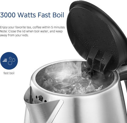 Midea Electric Kettle 3000W Fast Boil 1.7L Stainless Steel Kettle LED Indicator,Spring Lid,Removable Filter,Insulated Handle, Water Level Indicator, Dry Burn Protection,Bpa-Free