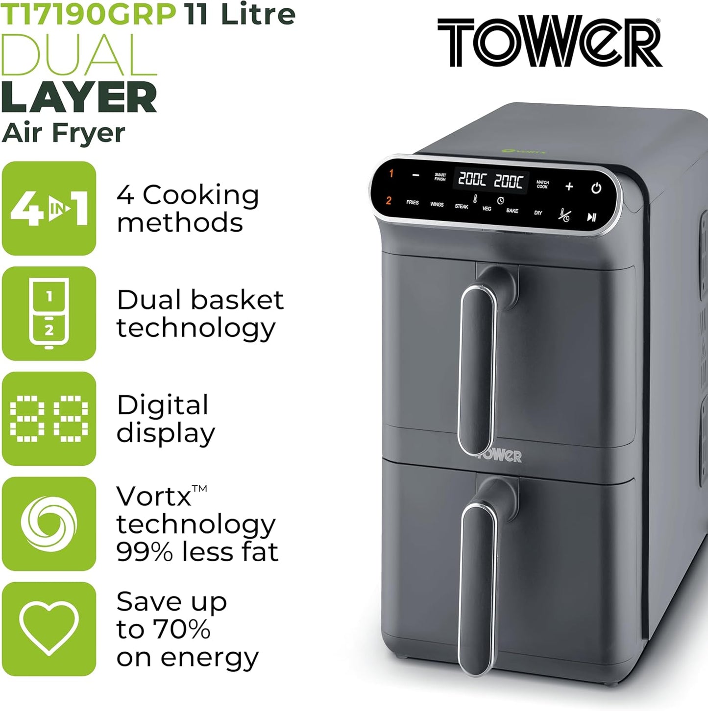 T17190GRP Vortx XL Dual Stack Air Fryer with Digital Control Panel, Space Saving Design, 6 Preset Cooking Modes, Match Cook & Smart Finish Functions, 2460W, 11L, Graphite with Chrome Trim