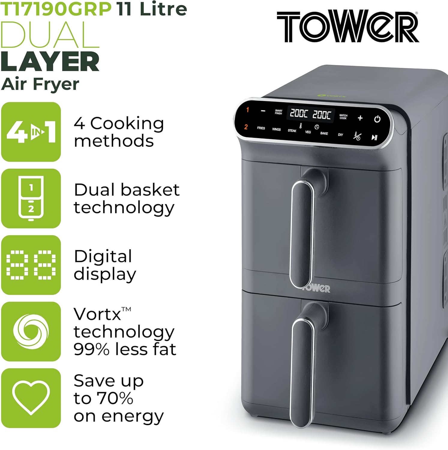 T17190GRP Vortx XL Dual Stack Air Fryer with Digital Control Panel, Space Saving Design, 6 Preset Cooking Modes, Match Cook & Smart Finish Functions, 2460W, 11L, Graphite with Chrome Trim