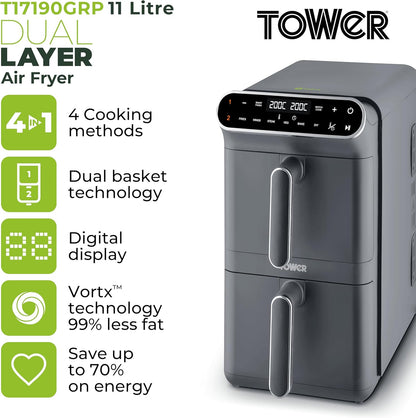 T17190GRP Vortx XL Dual Stack Air Fryer with Digital Control Panel, Space Saving Design, 6 Preset Cooking Modes, Match Cook & Smart Finish Functions, 2460W, 11L, Graphite with Chrome Trim